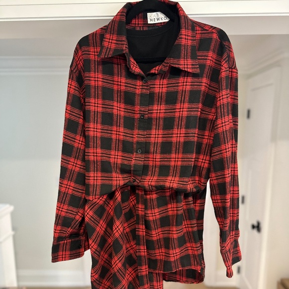 Kate Hewko Black / Red Plaid Long Shirt / Mini Dress w/ attached tank - Size L - Picture 1 of 13